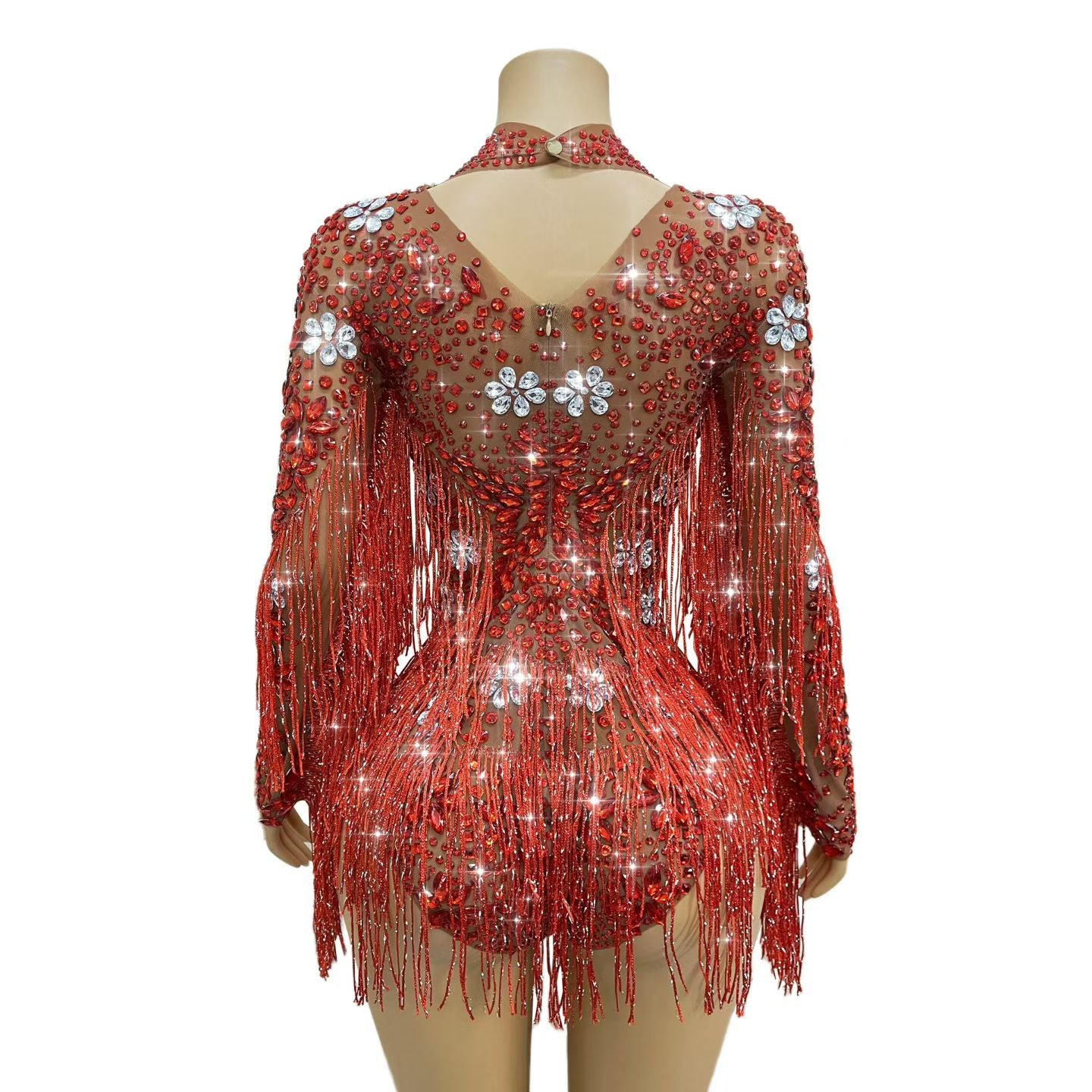 CELESINYI Shenhong Crystal Scarlet Fringe Leotard