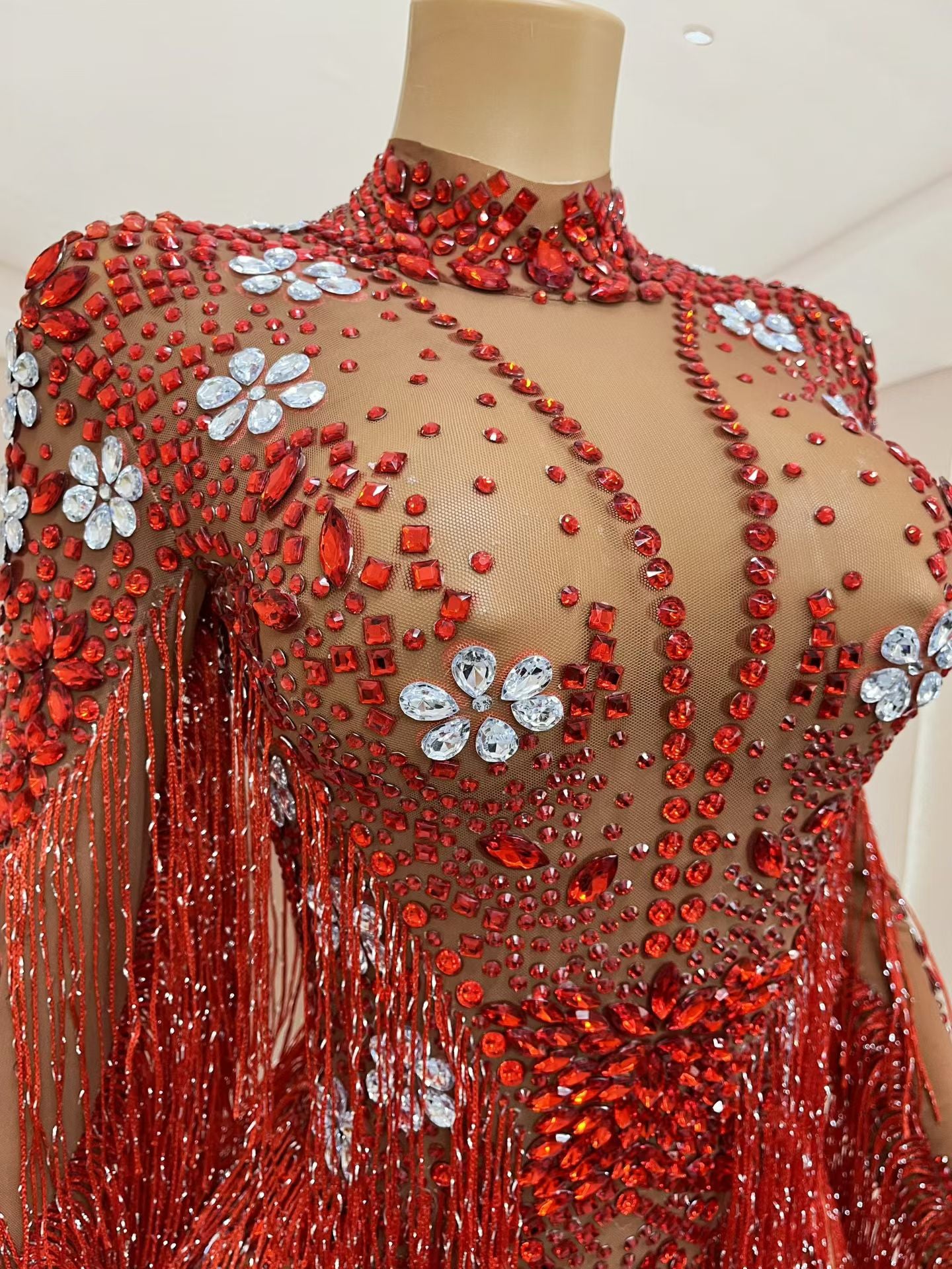 CELESINYI Shenhong Crystal Scarlet Fringe Leotard