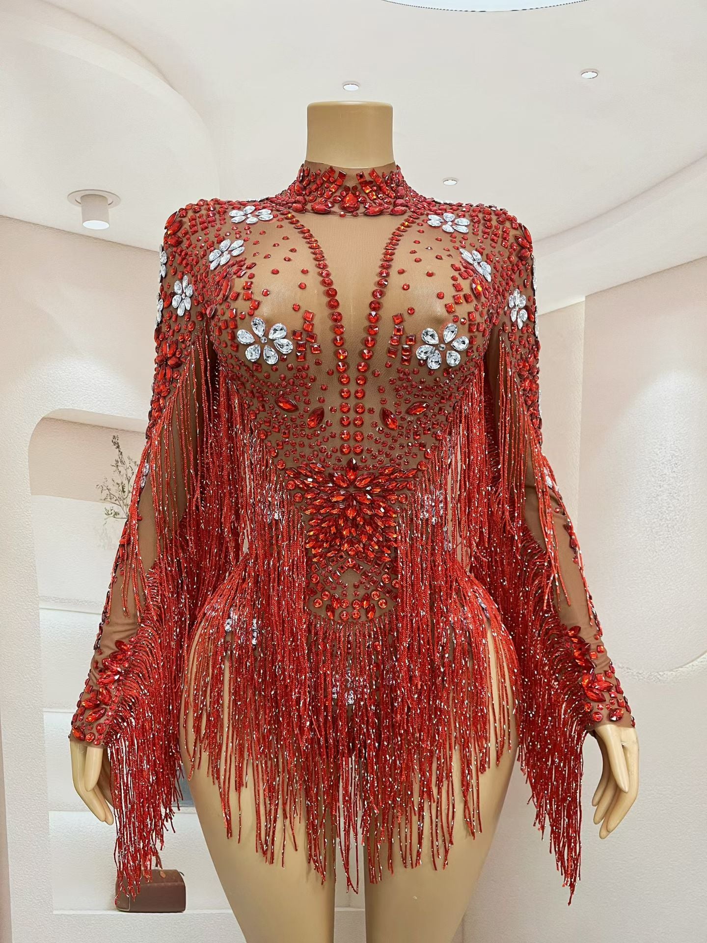 CELESINYI Shenhong Crystal Scarlet Fringe Leotard