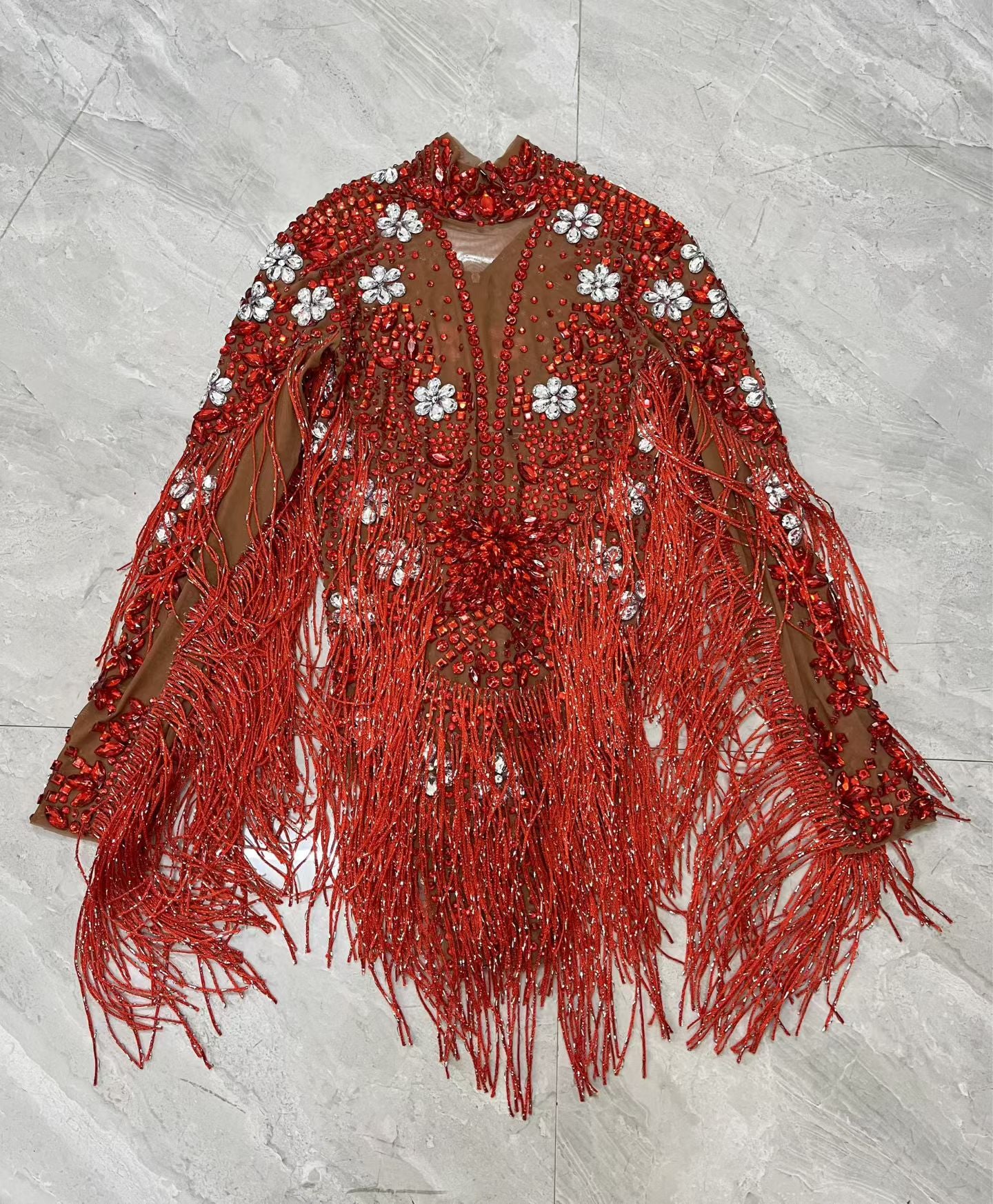 CELESINYI Shenhong Crystal Scarlet Fringe Leotard