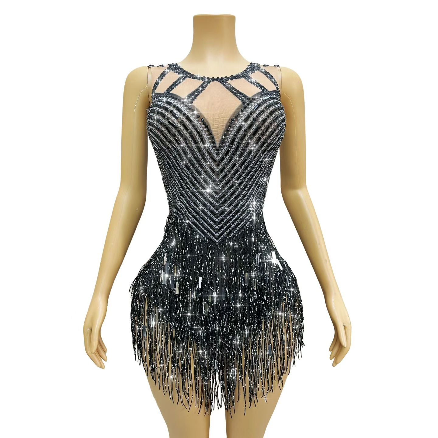 CELESINYI Piaoliu Crystal Black Fringe Mini Dress