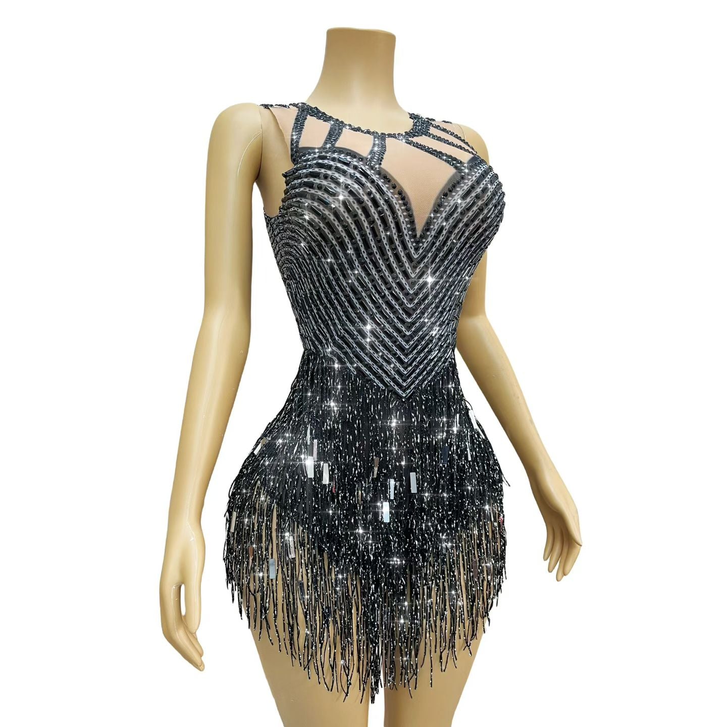 CELESINYI Piaoliu Crystal Black Fringe Mini Dress