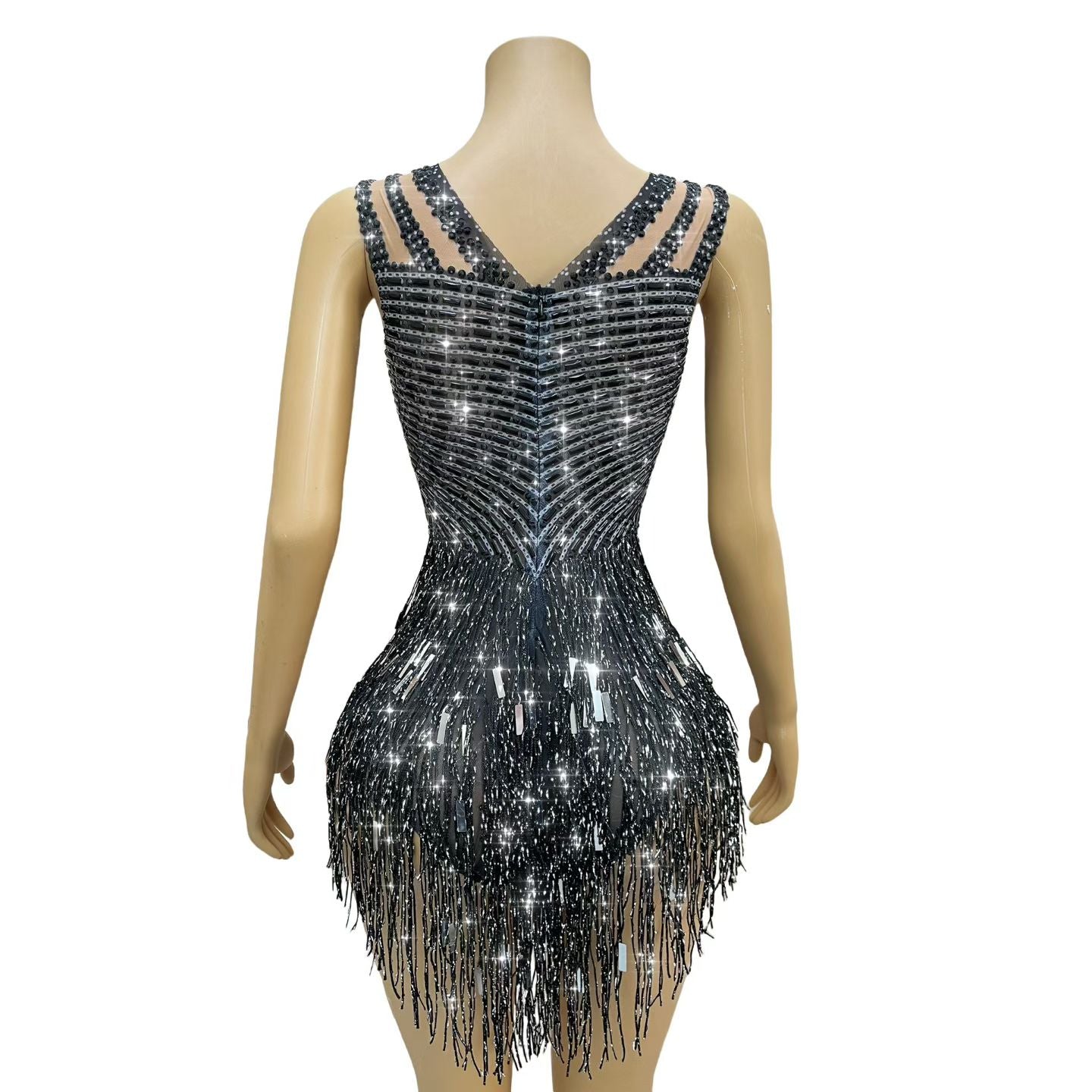 CELESINYI Piaoliu Crystal Black Fringe Mini Dress