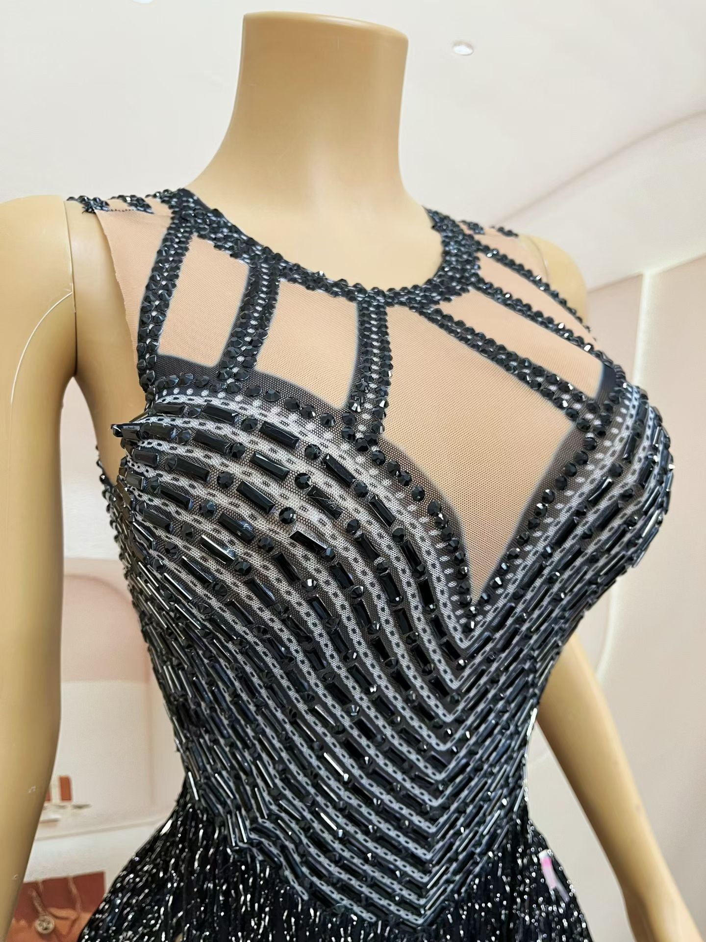 CELESINYI Piaoliu Crystal Black Fringe Mini Dress