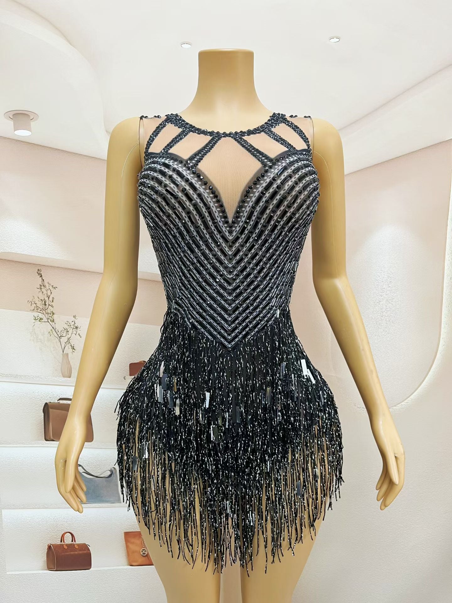 CELESINYI Piaoliu Crystal Black Fringe Mini Dress