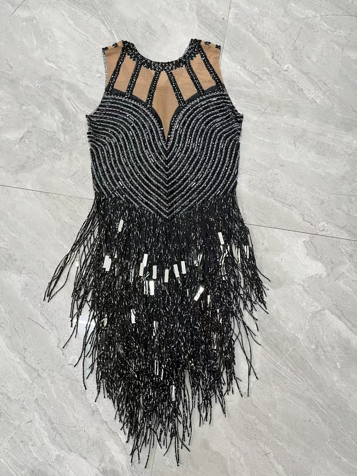 CELESINYI Piaoliu Crystal Black Fringe Mini Dress