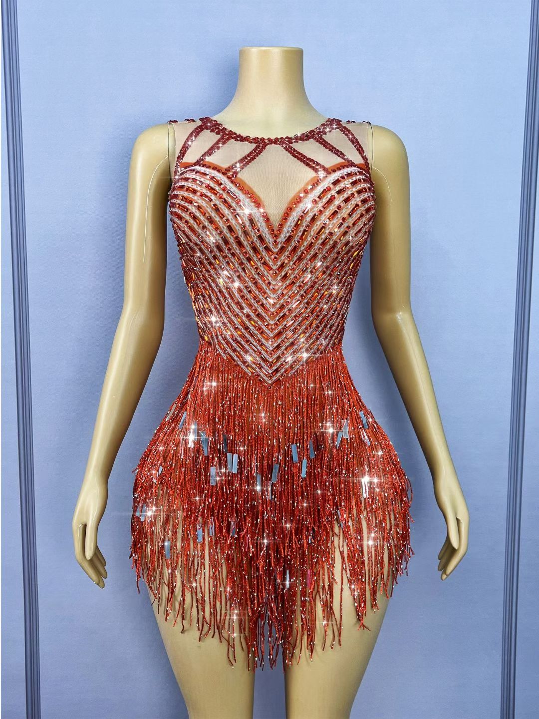 CELESINYI Piaoliu Crystal Red Fringe Mini Dress