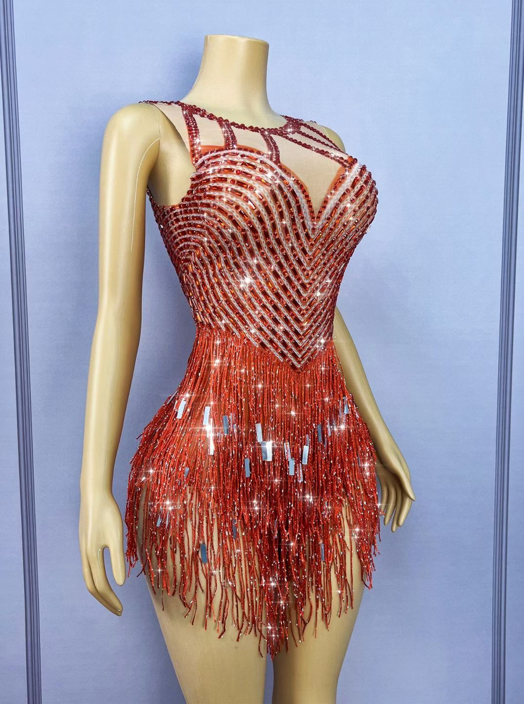 CELESINYI Piaoliu Crystal Red Fringe Mini Dress
