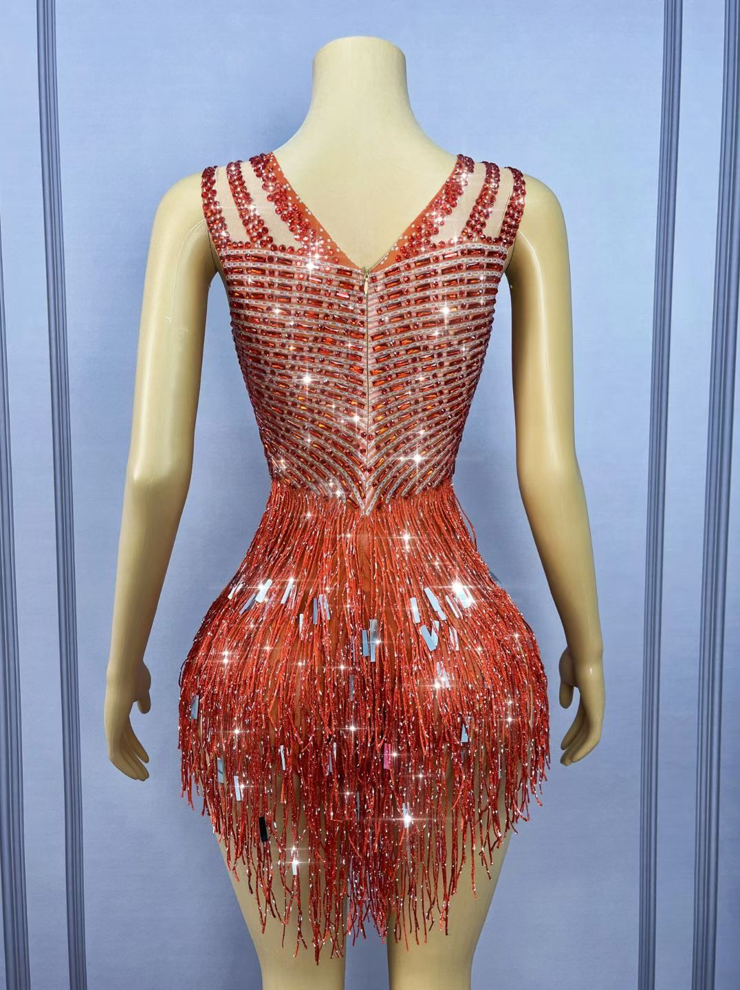 CELESINYI Piaoliu Crystal Red Fringe Mini Dress