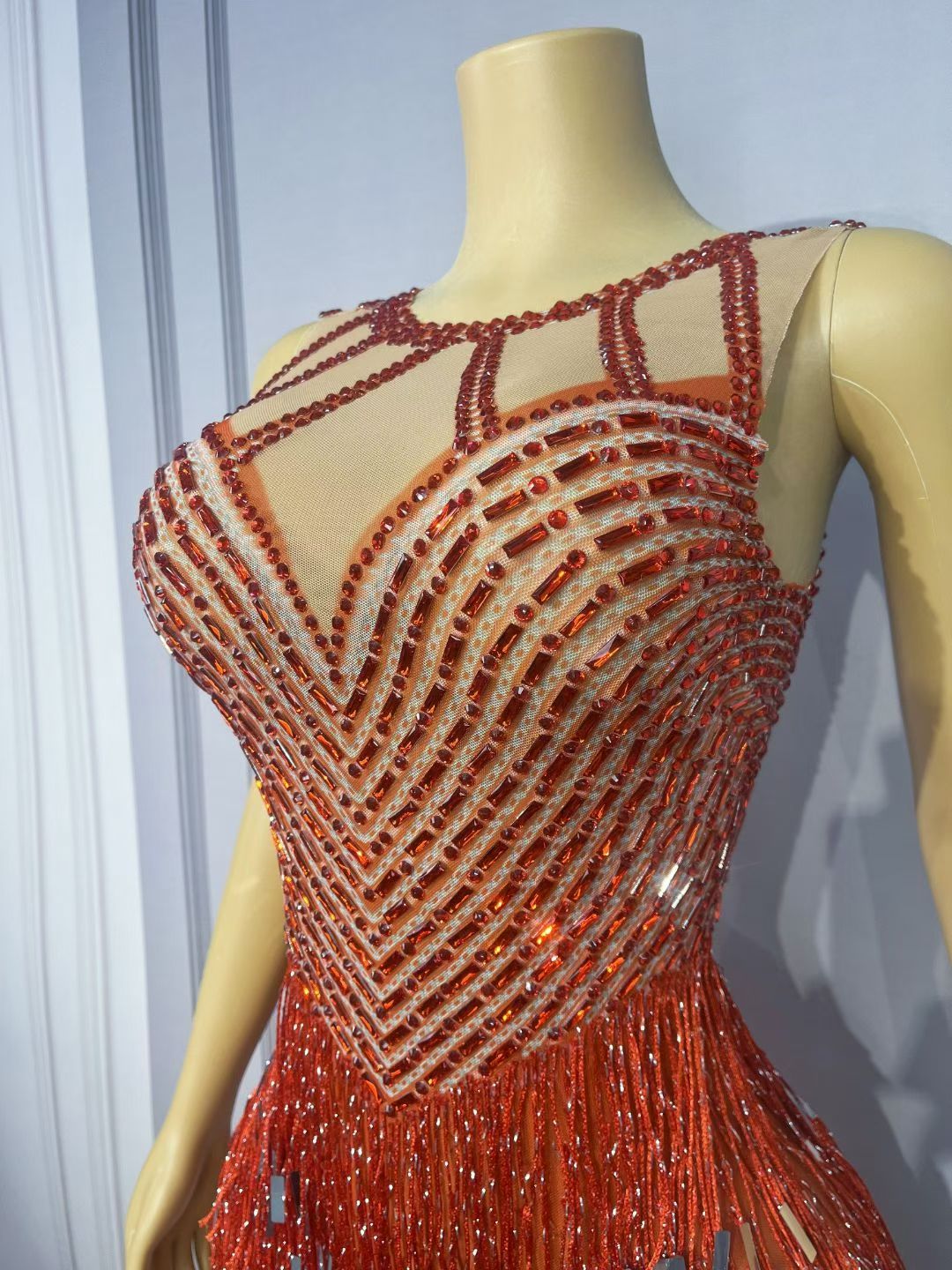 CELESINYI Piaoliu Crystal Red Fringe Mini Dress