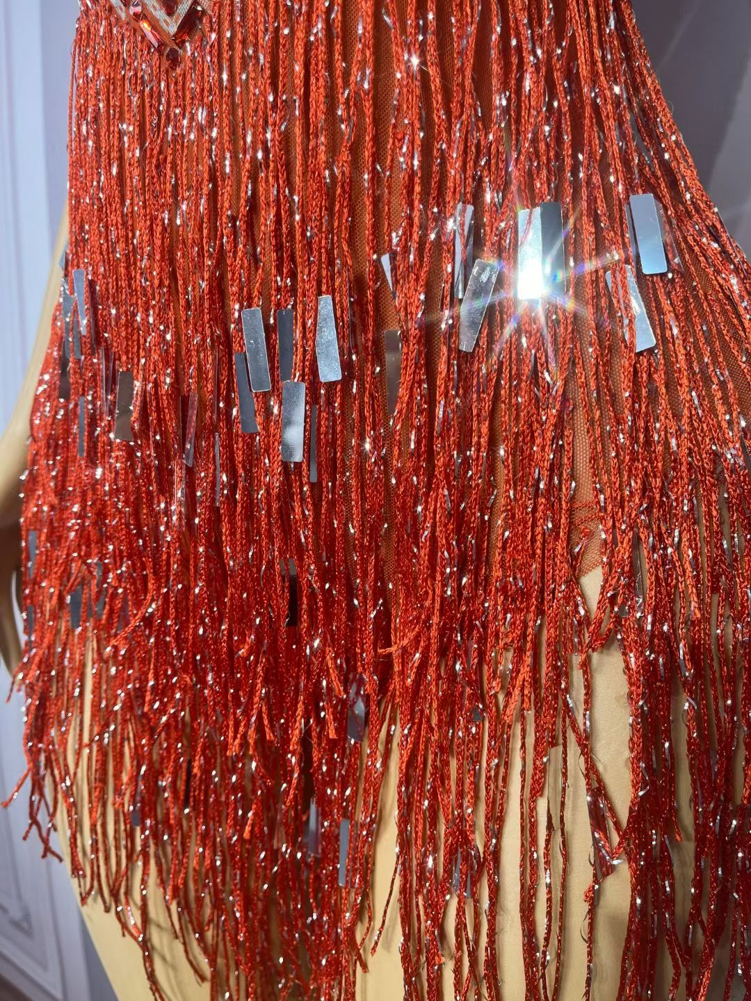 CELESINYI Piaoliu Crystal Red Fringe Mini Dress