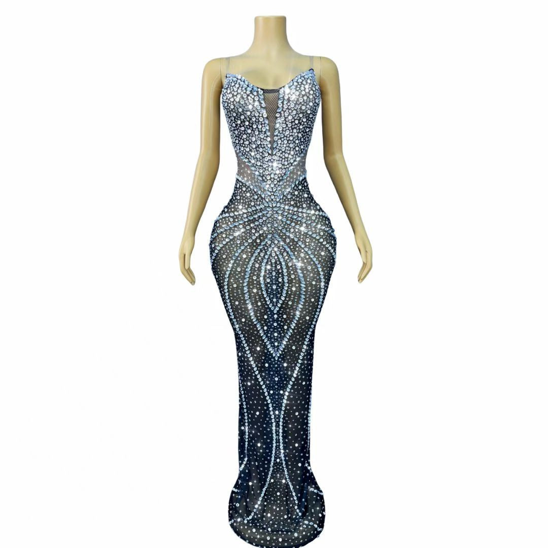 CELESINYI Shuiwang Crystal Fishnet Gown (Black)