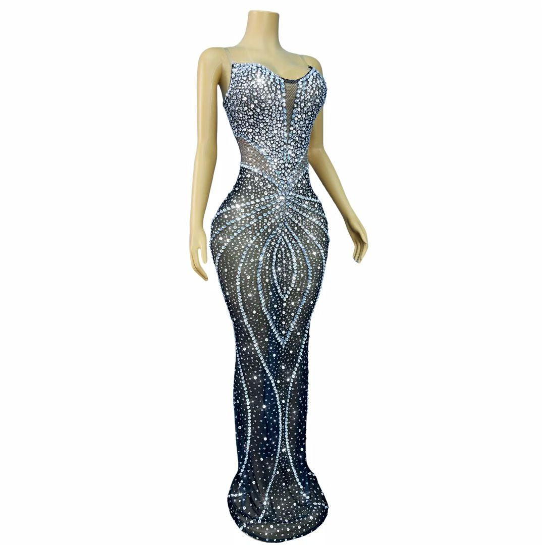 CELESINYI Shuiwang Crystal Fishnet Gown (Black)