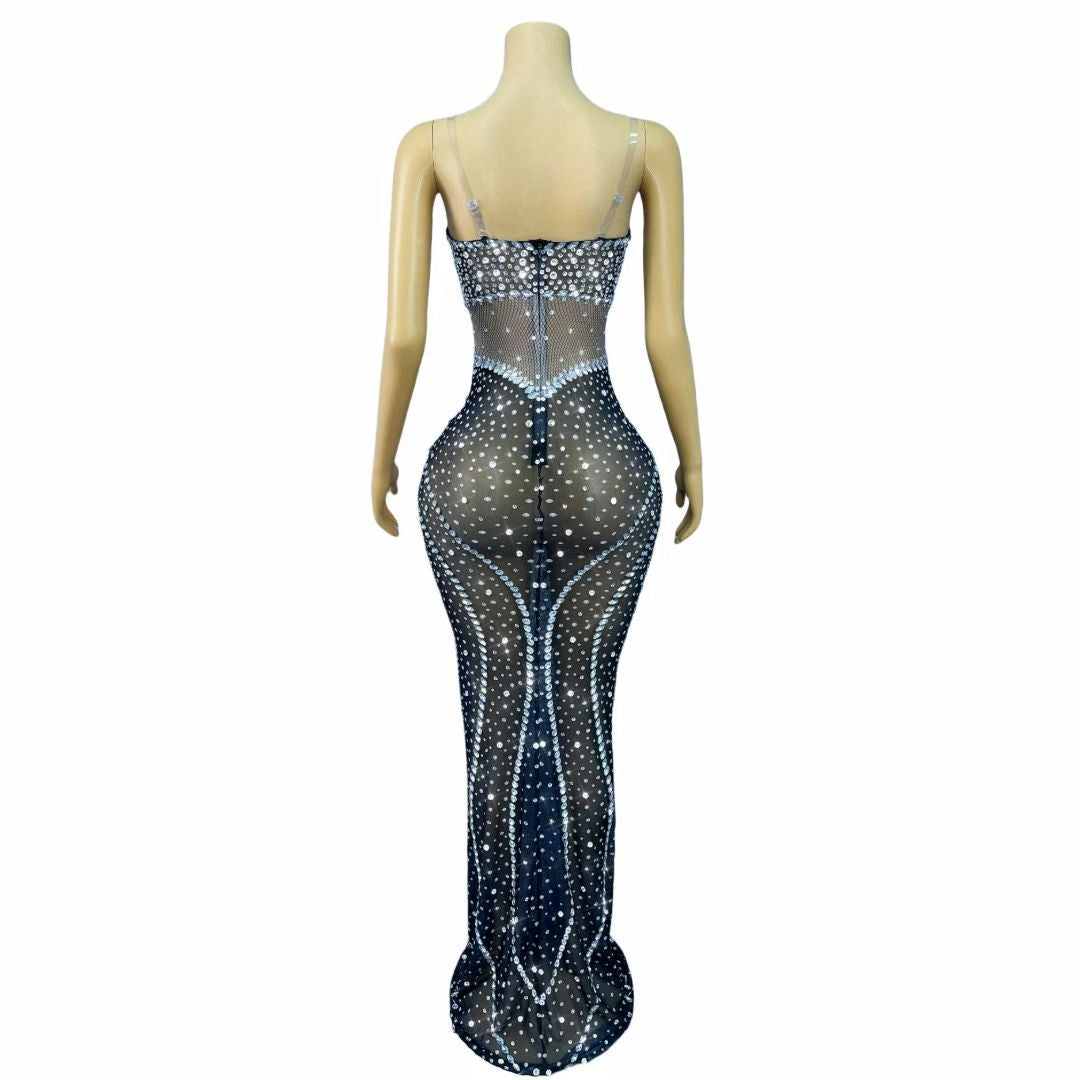 CELESINYI Shuiwang Crystal Fishnet Gown (Black)