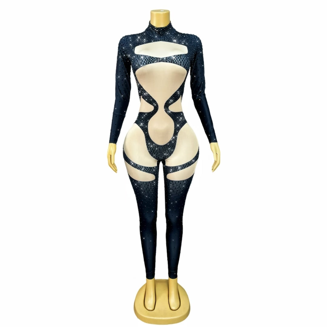 CELESINYI Nuomi Crystal Black Cutout Catsuit
