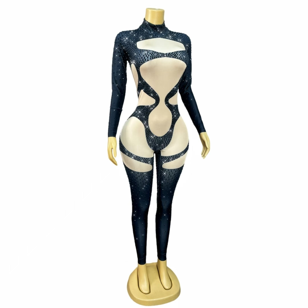 CELESINYI Nuomi Crystal Black Cutout Catsuit