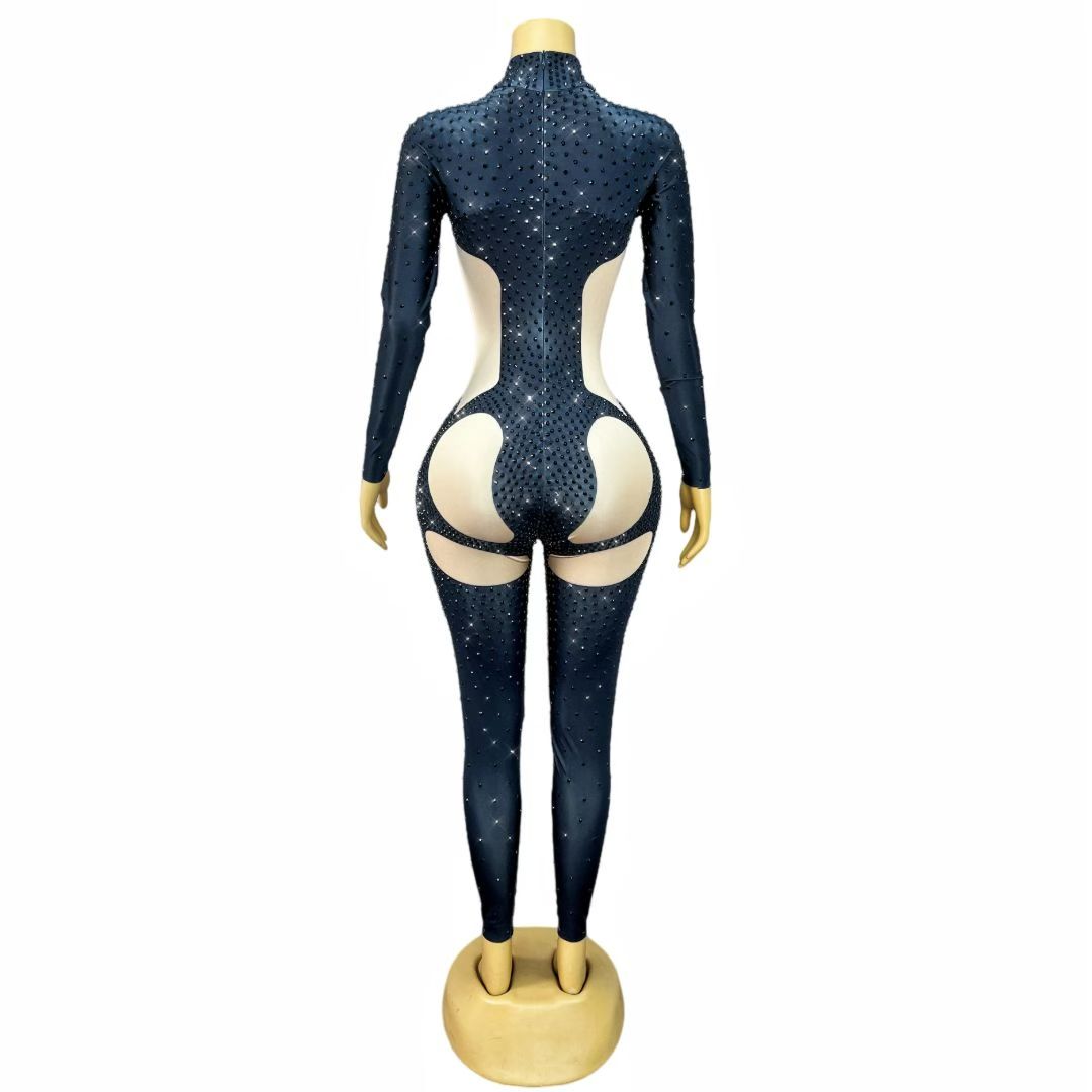 CELESINYI Nuomi Crystal Black Cutout Catsuit