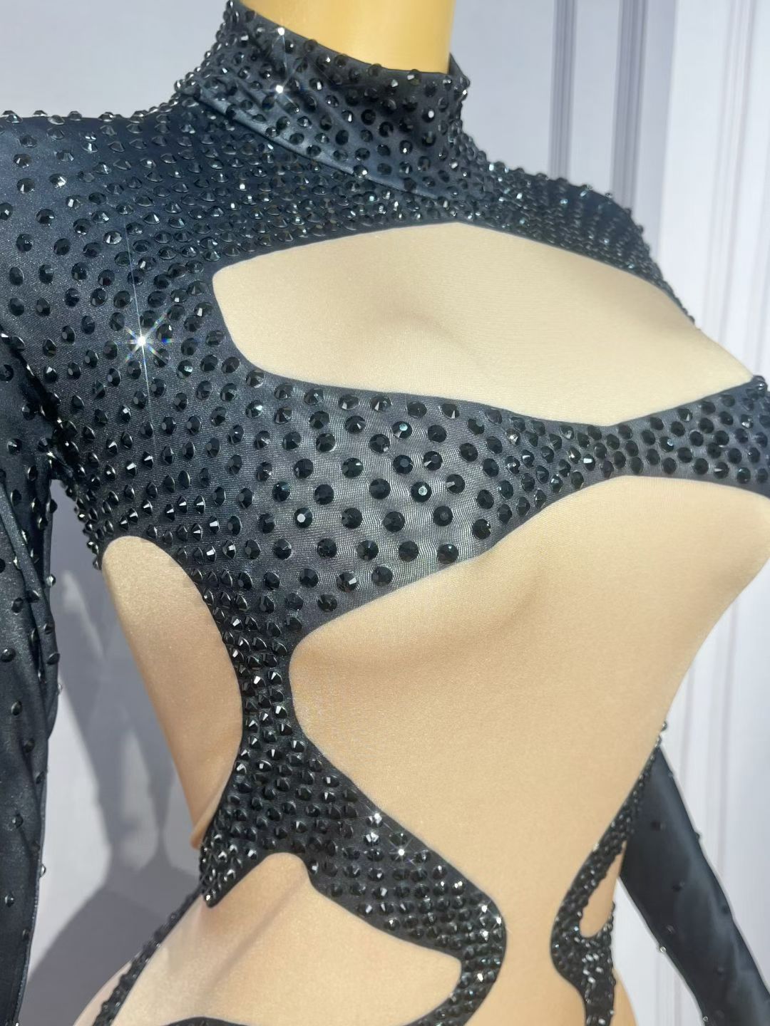 CELESINYI Nuomi Crystal Black Cutout Catsuit