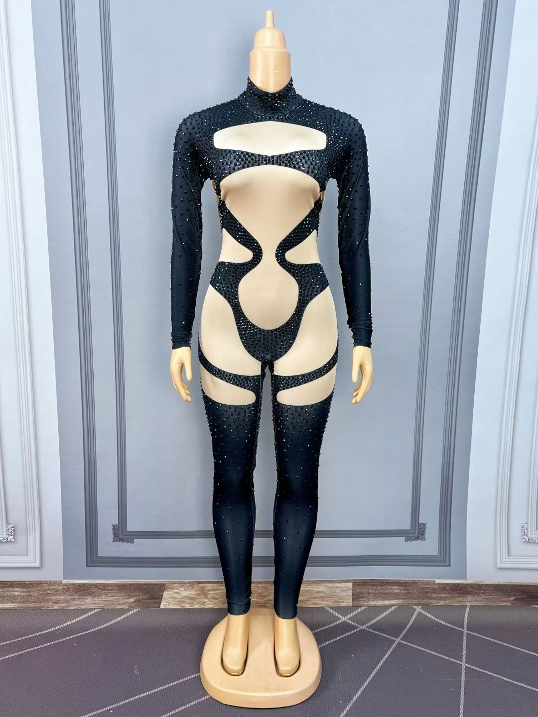 CELESINYI Nuomi Crystal Black Cutout Catsuit