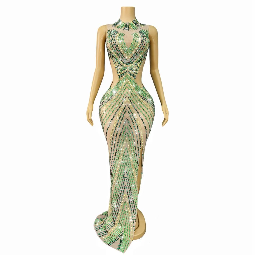 CELESINYI Lvxuanhuang Crystal Tri-Color Chevron Gown