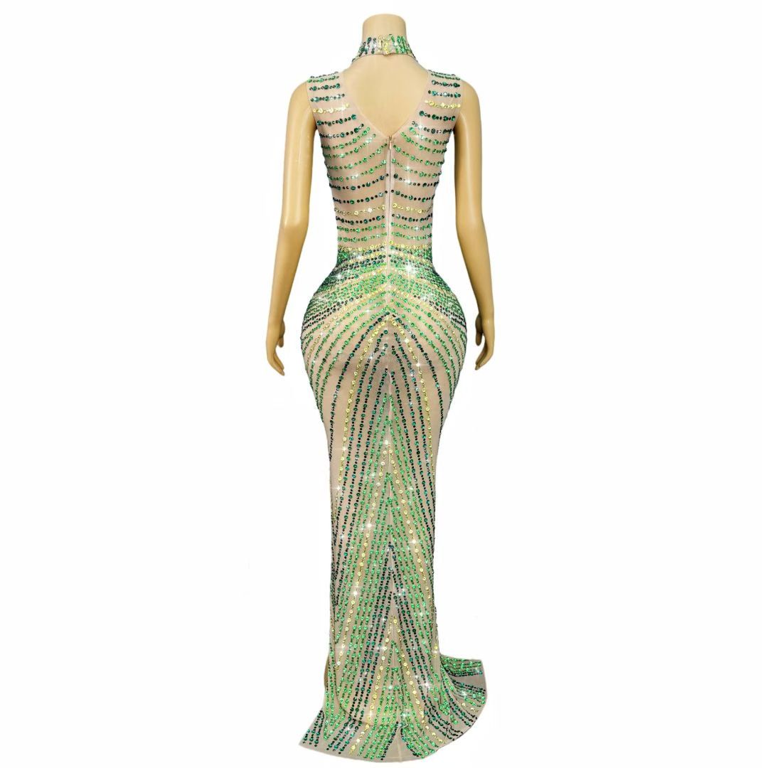 CELESINYI Lvxuanhuang Crystal Tri-Color Chevron Gown