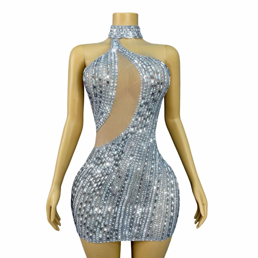 CELESINYI Yueya Crystal Asymmetric Mini Dress