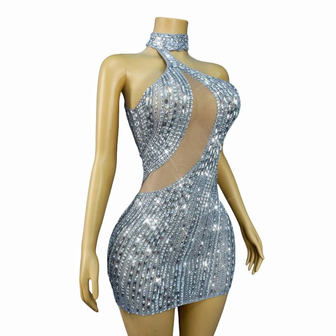 CELESINYI Yueya Crystal Asymmetric Mini Dress