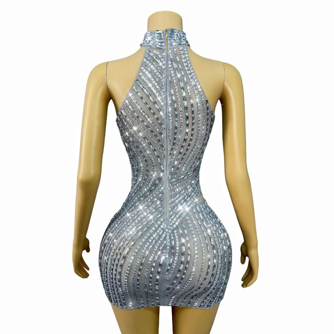 CELESINYI Yueya Crystal Asymmetric Mini Dress