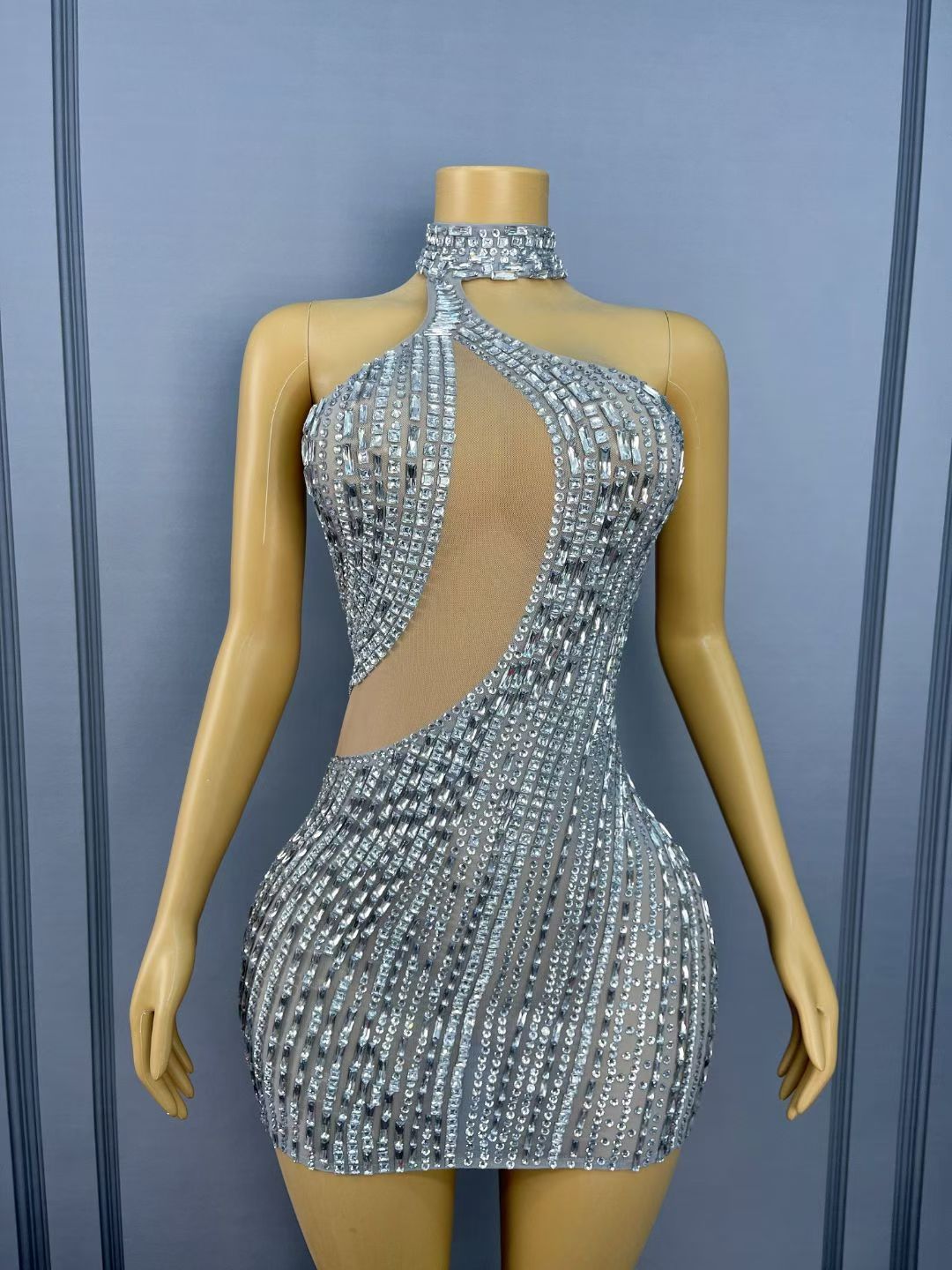 CELESINYI Yueya Crystal Asymmetric Mini Dress