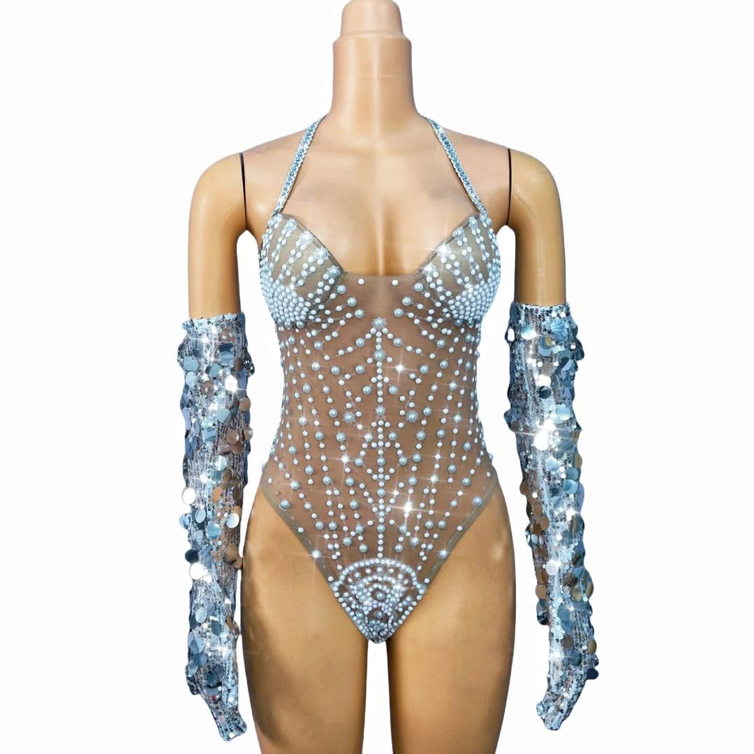 CELESINYI Baileihua Crystal Pearl Leotard Gloves