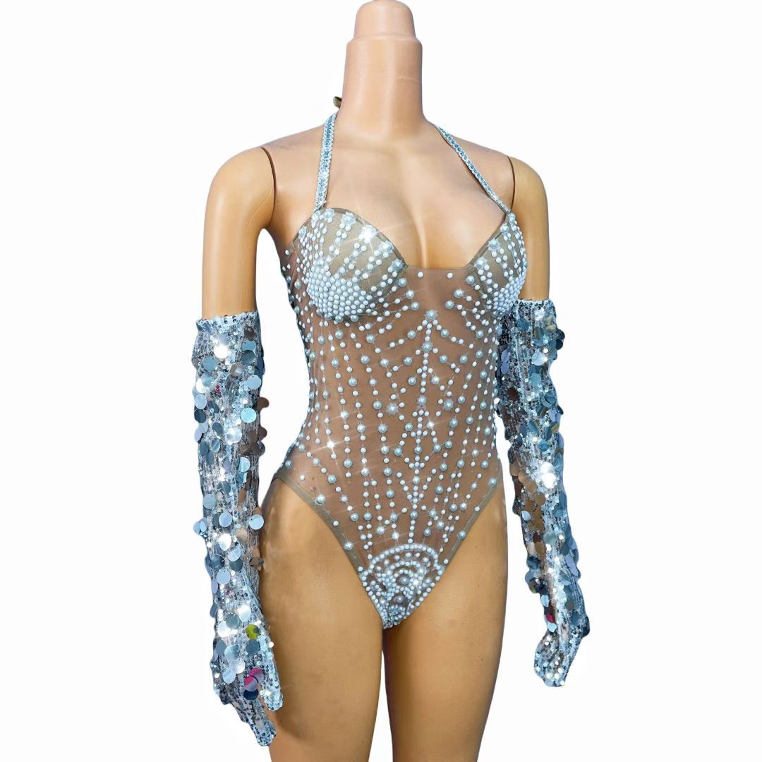 CELESINYI Baileihua Crystal Pearl Leotard Gloves