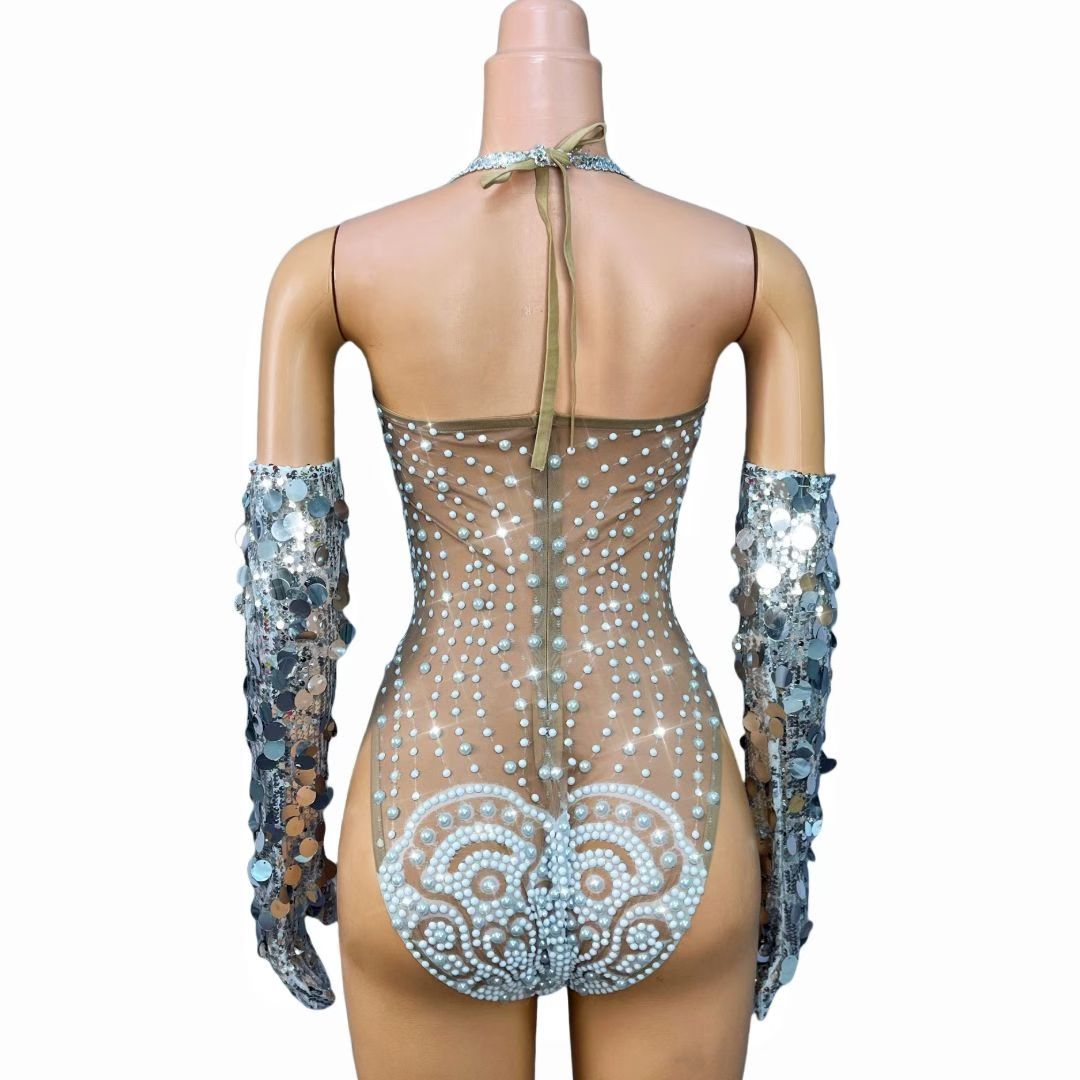 CELESINYI Baileihua Crystal Pearl Leotard Gloves