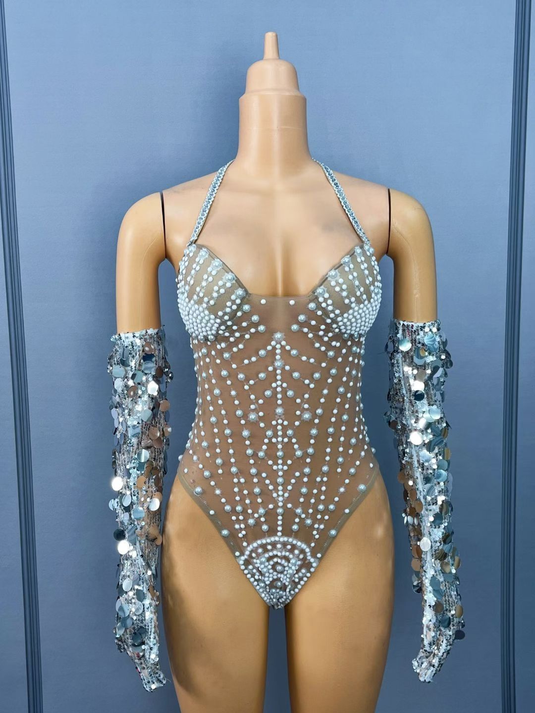 CELESINYI Baileihua Crystal Pearl Leotard Gloves