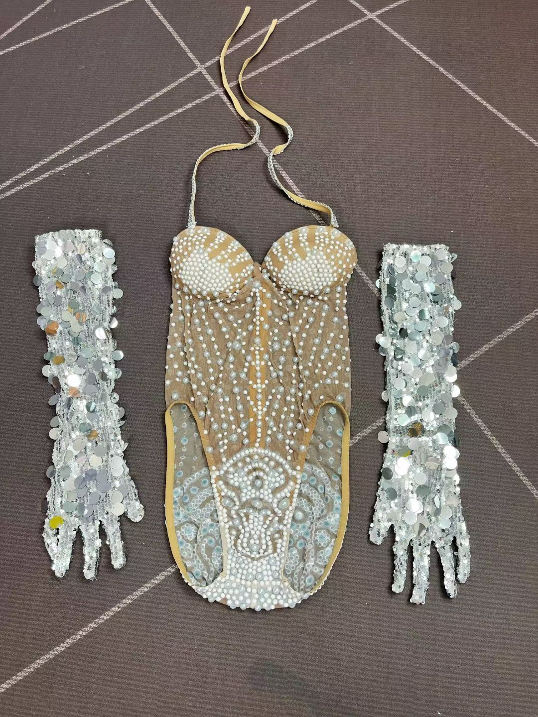 CELESINYI Baileihua Crystal Pearl Leotard Gloves