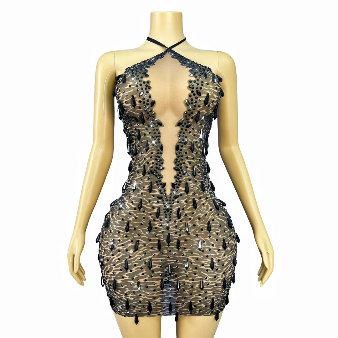 CELESINYI Wuqiqi Crystal Leopard Mini Dress