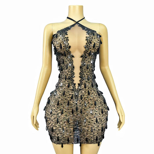 CELESINYI Wuqiqi Crystal Black Leopard Mini Dress