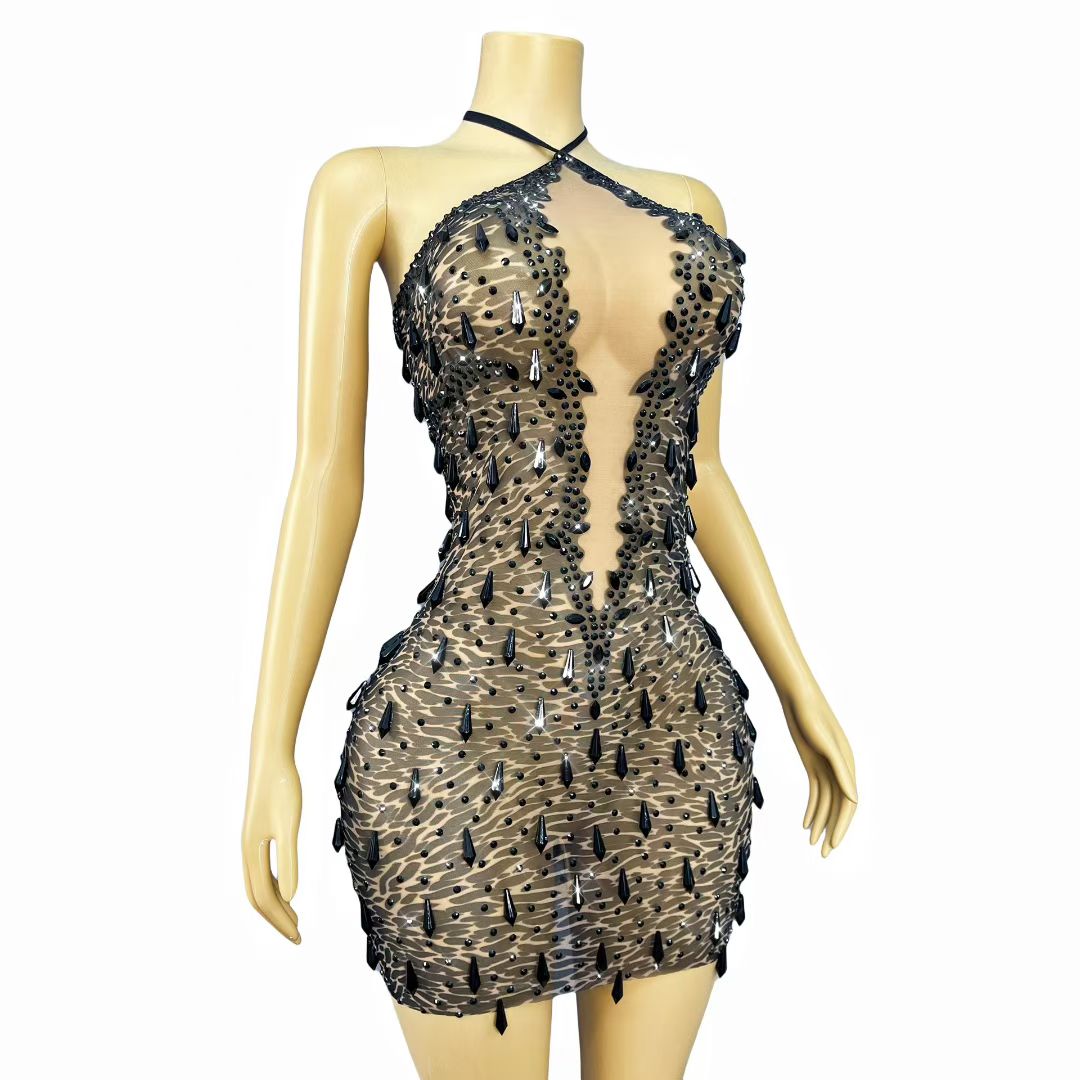 CELESINYI Wuqiqi Crystal Leopard Mini Dress