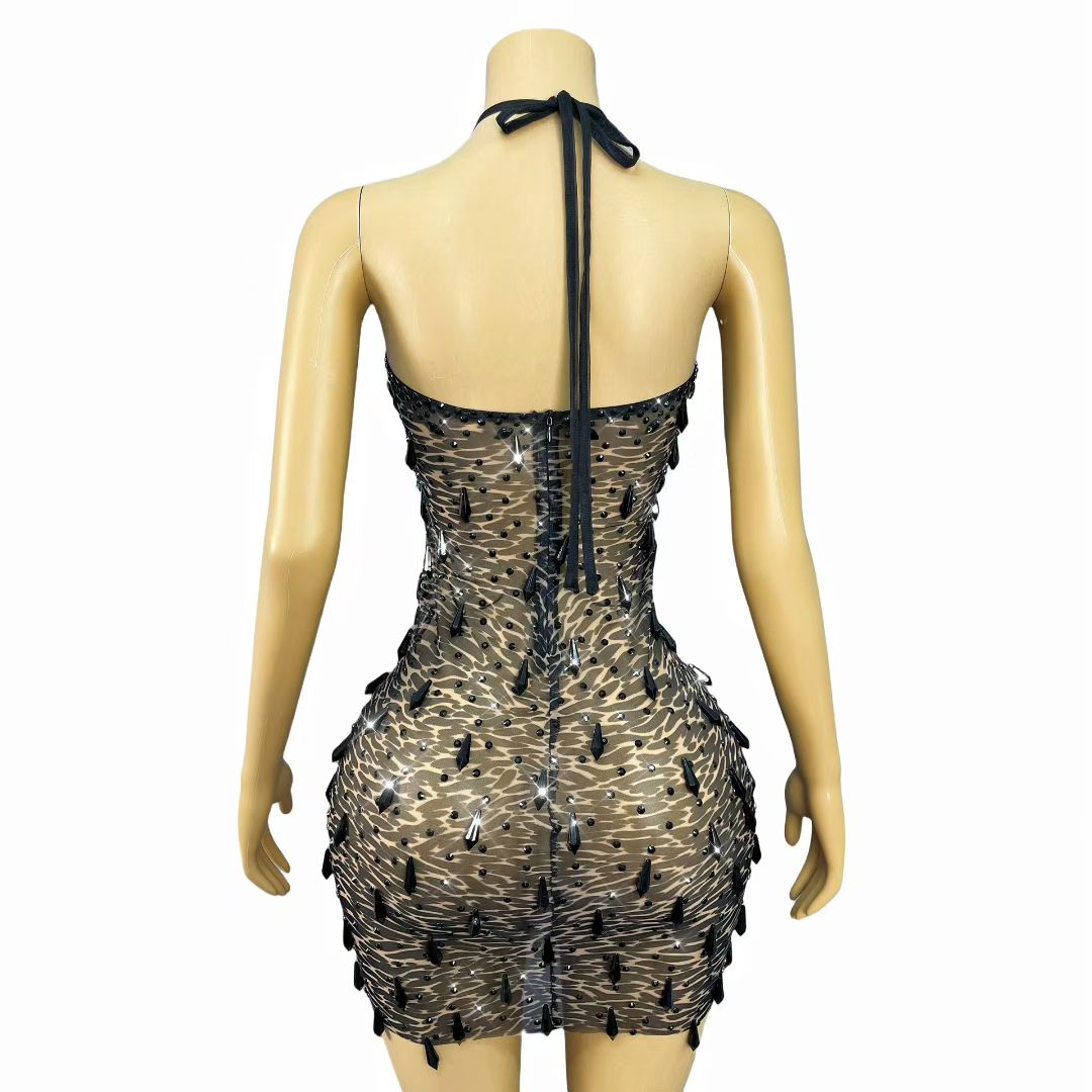 CELESINYI Wuqiqi Crystal Leopard Mini Dress