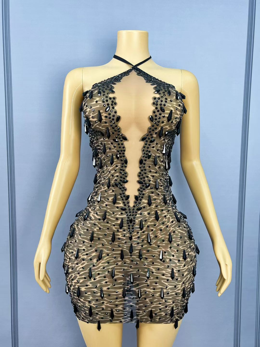 CELESINYI Wuqiqi Crystal Leopard Mini Dress