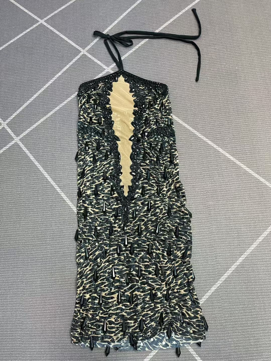 CELESINYI Wuqiqi Crystal Leopard Mini Dress