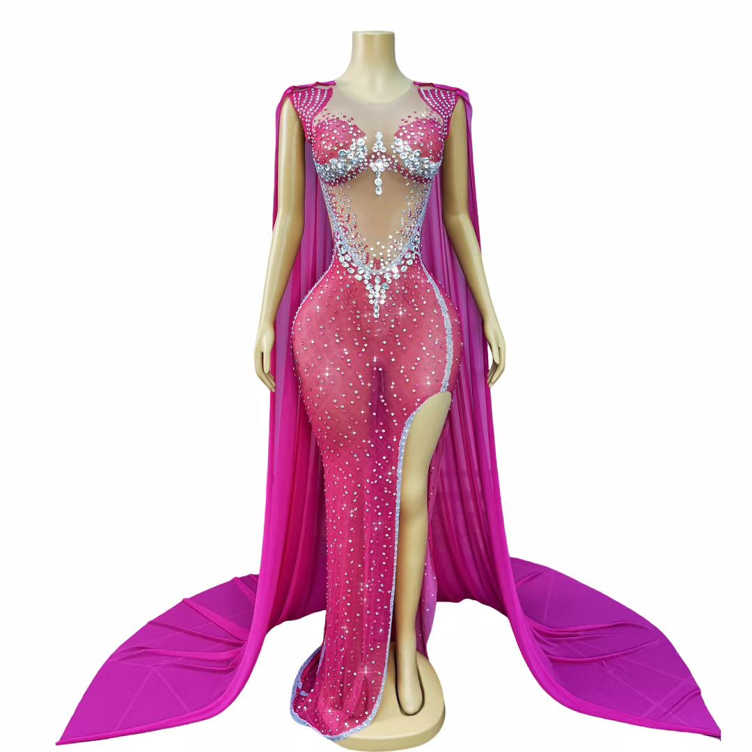 CELESINYI Meihongbing Crystal Fuchsia Cape Gown