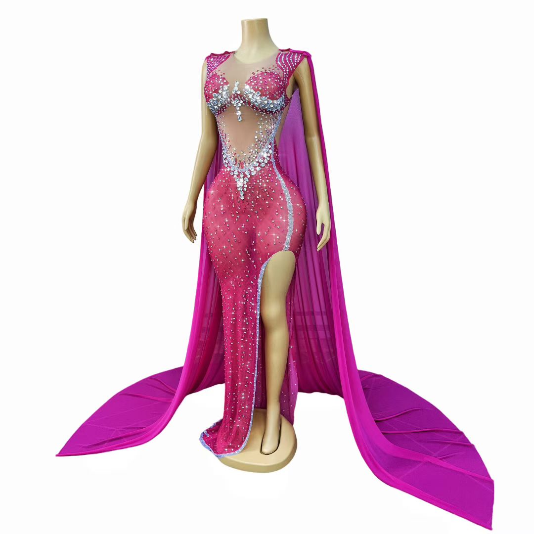 CELESINYI Meihongbing Crystal Fuchsia Cape Gown