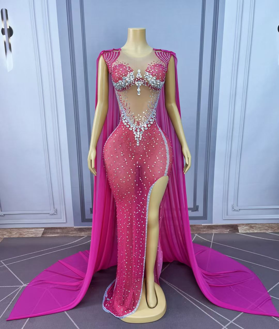 CELESINYI Meihongbing Crystal Fuchsia Cape Gown