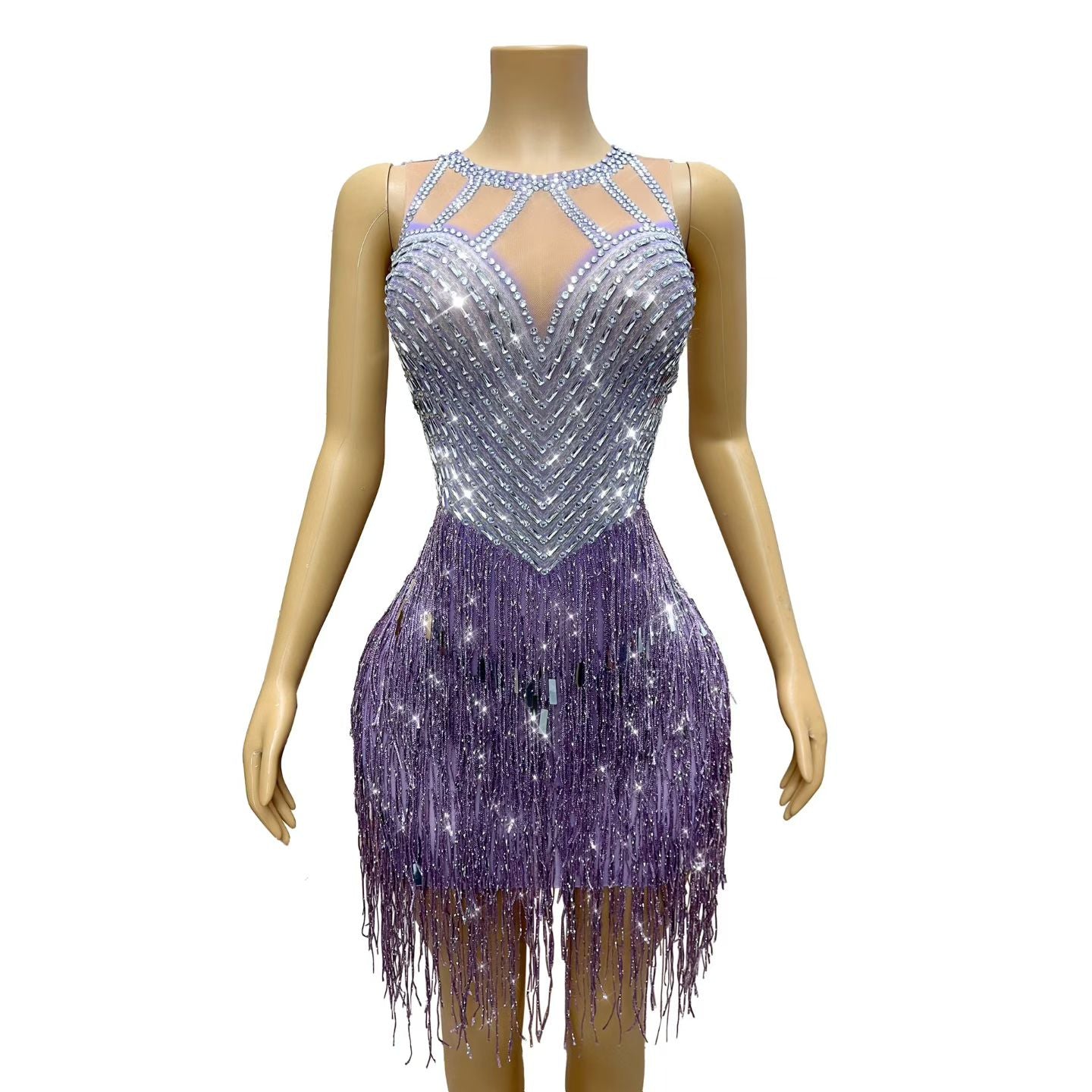 CELESINYI Piaoliu Crystal Lavender Fringe Mini Skirt