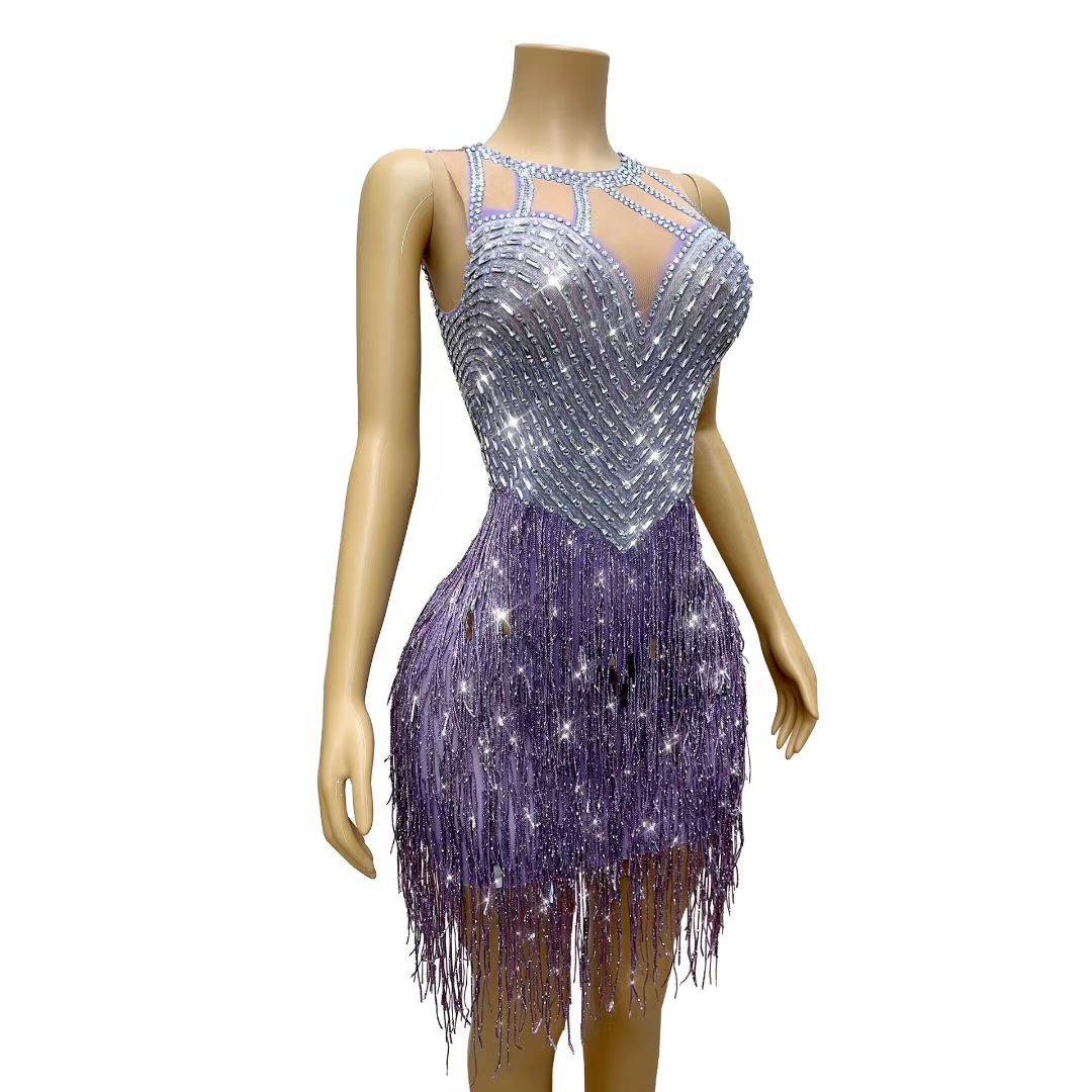CELESINYI Piaoliu Crystal Lavender Fringe Mini Skirt