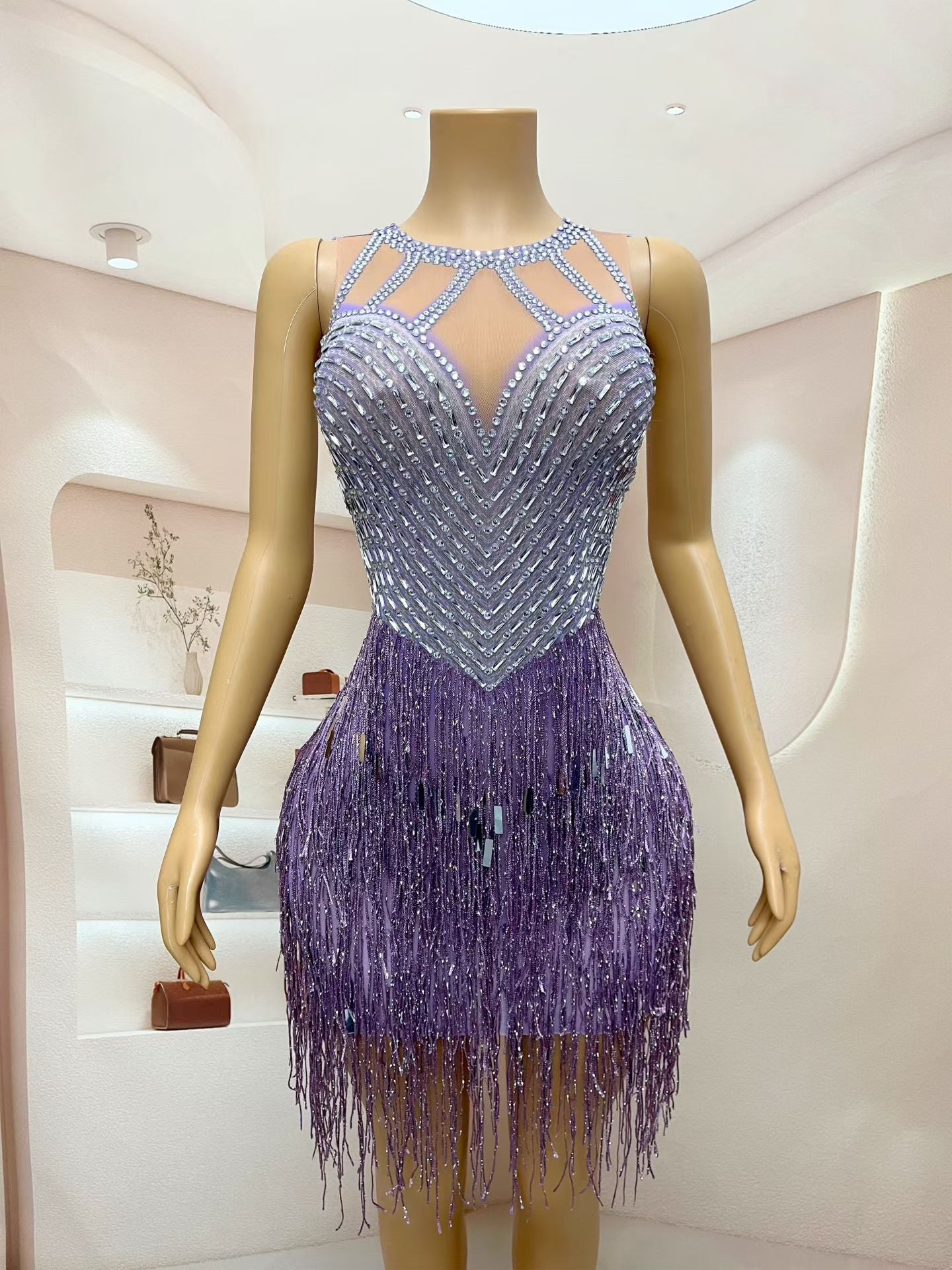 CELESINYI Piaoliu Crystal Lavender Fringe Mini Skirt