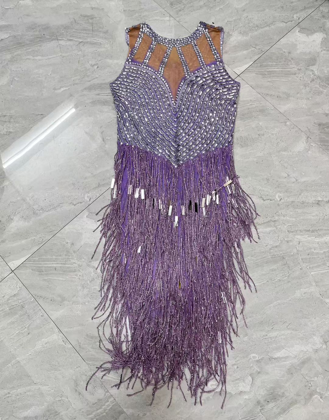 CELESINYI Piaoliu Crystal Lavender Fringe Mini Skirt