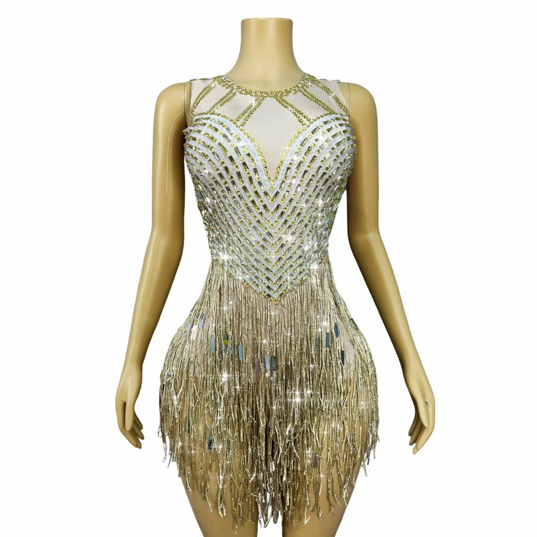 CELESINYI Piaoliu Crystal Gold Fringe Mini Dress