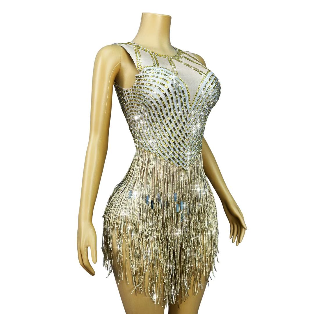 CELESINYI Piaoliu Crystal Gold Fringe Mini Dress