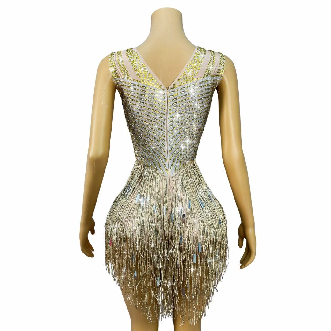 CELESINYI Piaoliu Crystal Gold Fringe Mini Dress